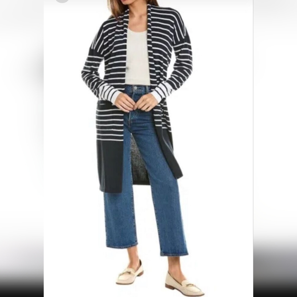 CAbi Boathouse Navy and White Striped Cotton Cardigan-NWT